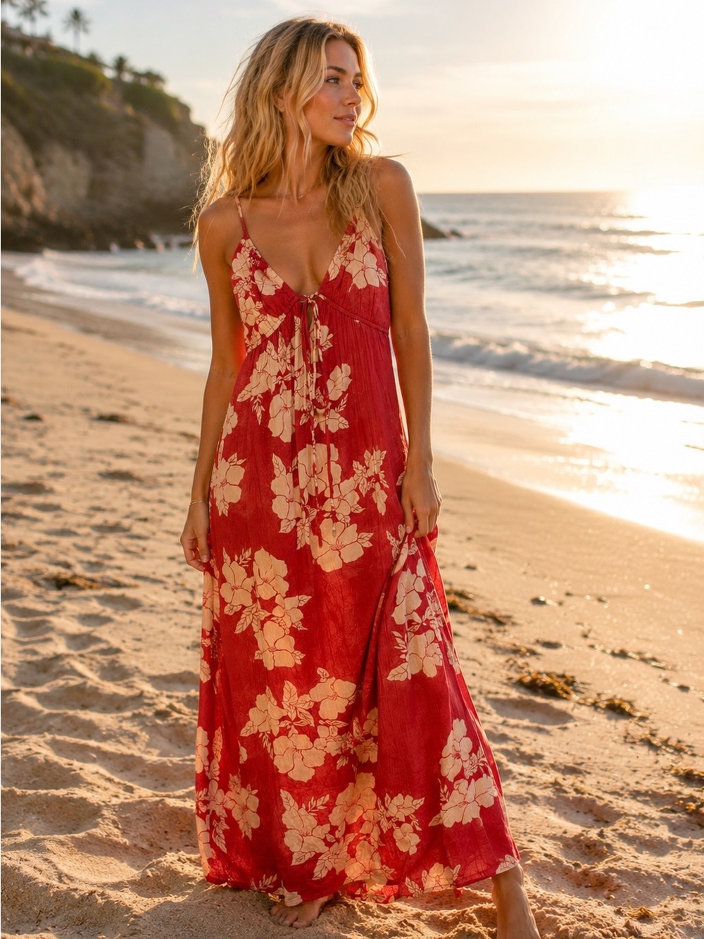 ROXY Sunshine Crush MIDI Dress NWT Red Floral Open back Boho Beachy |small